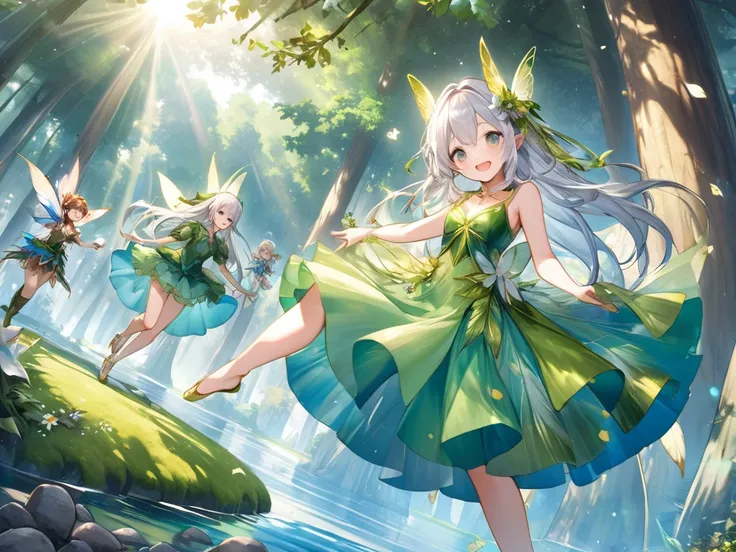  high quality,  high resolution,  2 fairies with monkey faces, ((1st person、Transparent silver hair、 FEATHER GREEN OUTFIT , A palm-sized fairy）、(second person、 TRANSPARENT GOLD LONG HAIR 、 FEATHER BLUE OUTFIT , A palm-sized fairy）)、(DANCE TOGETHER IN THE A...