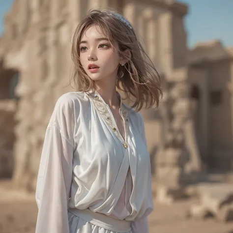 Hiding in the desert、Hair flow、 ((  top quality、 Masterpiece、8k、  top quality、  ultra high resolution、 Award-winning work )、(  accurate anatomy:1.1)、(   Look at Me and Laugh  :1.1)、Shining fair skin with   ultra high resolution、The most beautiful face、  ul...