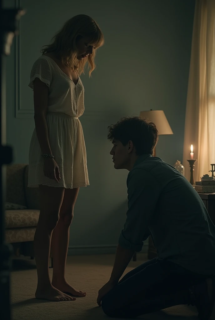 A sad left view picture of Taylor Swift and a boy on his knee with the vibe of “champagne problems “ song 