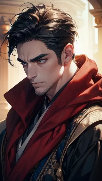 (     borrowed letter ,4K,8k,     highres,     masterpiece :1.2),     ultra-detailed    ,(realistic,photorealistic,photo-realistic:1.37),36-year-old man,3 day beard,Beautiful anime,Portraits,strong,Masculine,      with black hair  ,sharp jaw,         mesme...