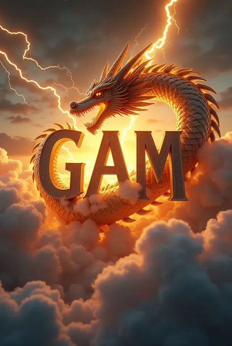 The name "GAM" is made of clouds, golden and IRAQ FLAG background, beautiful lighting, a lightning crown in space, and a big dragon turning around the name with golden thunder coming out of its mouth 3D renderv0.2