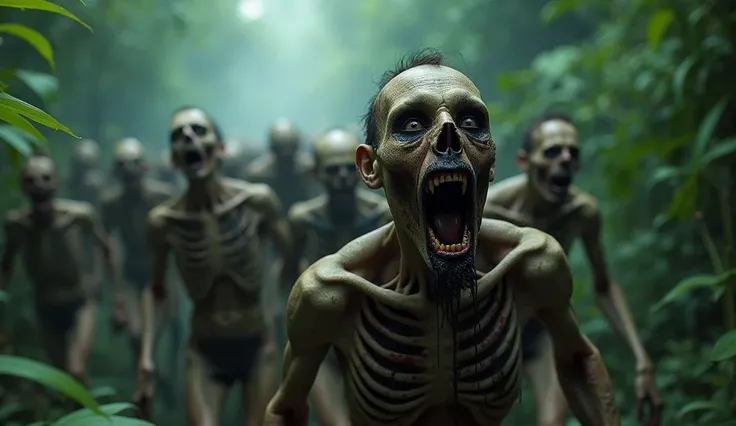 A horde of horrifying Human creatures marching through a dense, misty jungle Fire after blast. Their bodies are emaciated, with exposed ribcages and patches of decayed flesh clinging to their bones. Their eye sockets are completely hollow, creating an eeri...