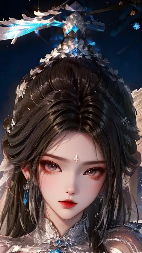 In a fantasy world ， The live-action version of Lu Xueqi descends like a fairy 。 She wears a long, icy blue dress ，The skirt flutters in the wind， as if blending in with the surrounding clouds 。She has a beautiful face， skin is flexible ， Her eyes are clea...