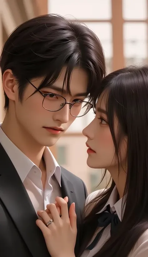 Young man with reading glasses, with neat hair like a korean model,  wearing a neat suit paired with a vest . Looking at each other with a beautiful woman with a gaze full of warmth.