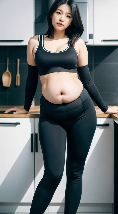 masterpiece, Best Quality, 8K,looking at the viewer,Japanese Lady,20 years old, huge pregnant, Voluptuous, jacket,,black sport bra and black long legging pants, short length hair, kitchen background, standing 