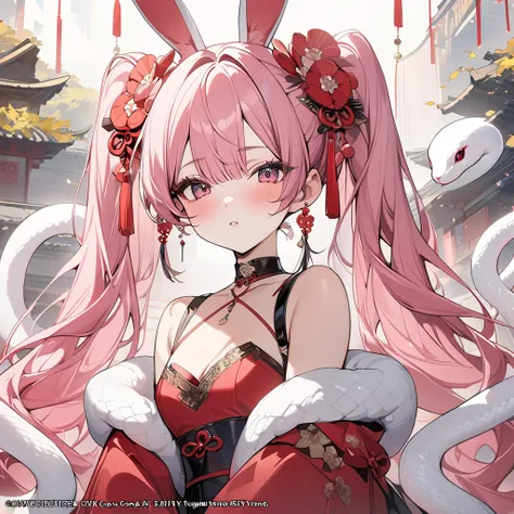 , Chinese new year々）, beauty, star shaped choker, (masterpiece, highest quality), official art, beautiful and aesthetic: 1.2), (1 girl), very detailed, (chiness new yearart: 1.3), red pink colorful, pink long twin tails hair、rabbit ear, chiness pink dress,...