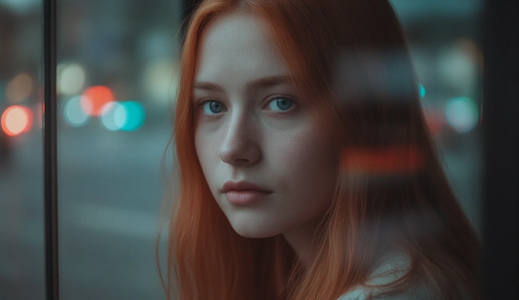 18 year old girl with straight red hair big blue eyes, girl is sitting inside, camera outside, she is behind the window, behind the glass, rgb lights colors, traffic lights colors, traffic lights reflection on the window, long hair, 1girl, three-quarter pr...