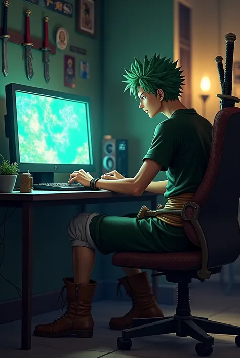 Roronoa Zoro playing on a PC