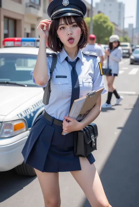 A 25-year-old Japanese police officer wearing a skirt   ,   in a stylish uniform is holding a clipboard 、 standing near a police car and playfully tilting his head . Police Hat,(( crouch))