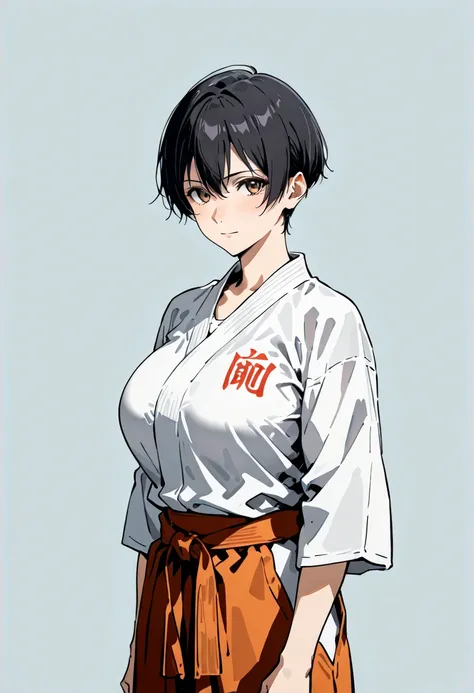 score_9, score_8_up, score_7_up, source_anime, BRAKE 1girl, cute boyish girl, very short hair, black hair, Aquiline nose, big breasts, (short stature), Karate