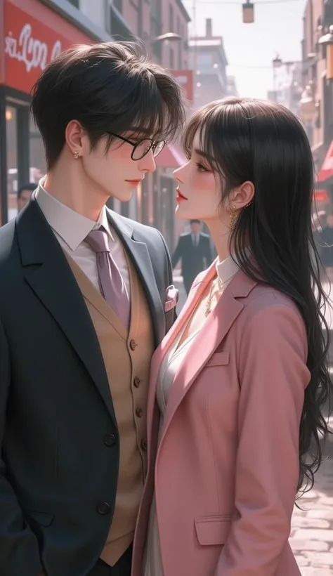 Young man with reading glasses, with neat hair like a korean model,  wearing a neat suit paired with a vest . Looking at each other with a beautiful woman with a gaze full of warmth. The woman was wearing a pink bludru jacket