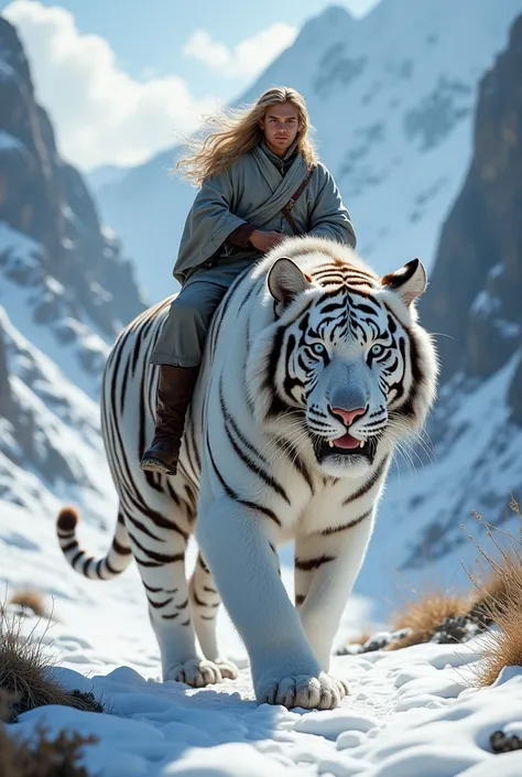 A majestic, oversized white tiger with thick black stripes walks through a snowy mountain landscape. Riding a tiger was a young man with long flowing blonde hair, wearing a gray winter robe and leather boots, exuding confidence and poise. Bali's terrain is...