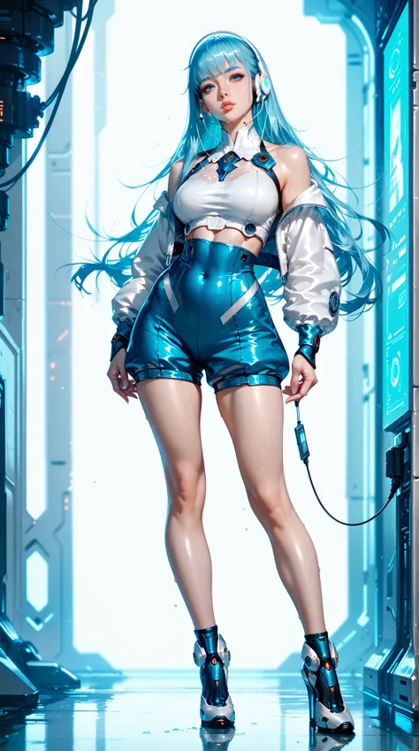 White Moonlight Girl   ， Smooth and Fluffy Skin， Sweating， sexy lips， Aqua Blue Hair ，long hair，earphone， Futuristic Style Wearing ， full body shot ，（Realistic：1：4）， High detail， HD 