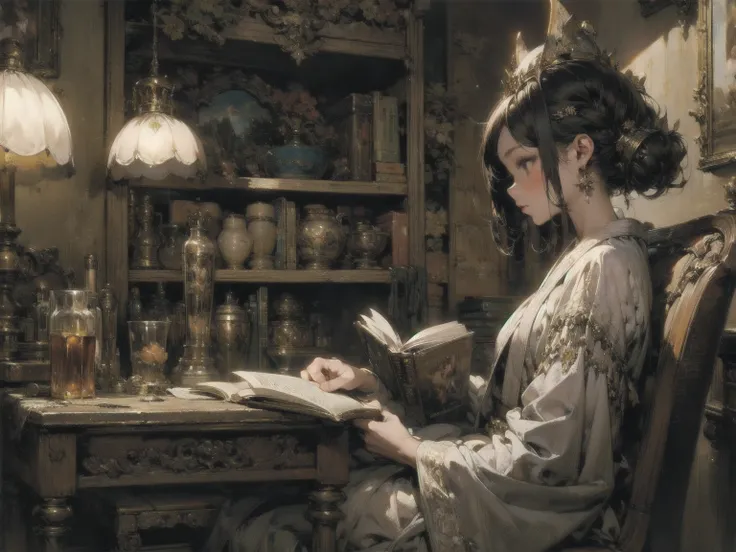 from side, 1girl, The Magician's Laboratory 、 is sitting in a chair and reading a book、 intricate detail ,  hyper detail ,　(Best Quality, masterpiece:1.2),  ultra high resolution ,  ray tracing, Super detailed, Complex Robe、Magician's Hat