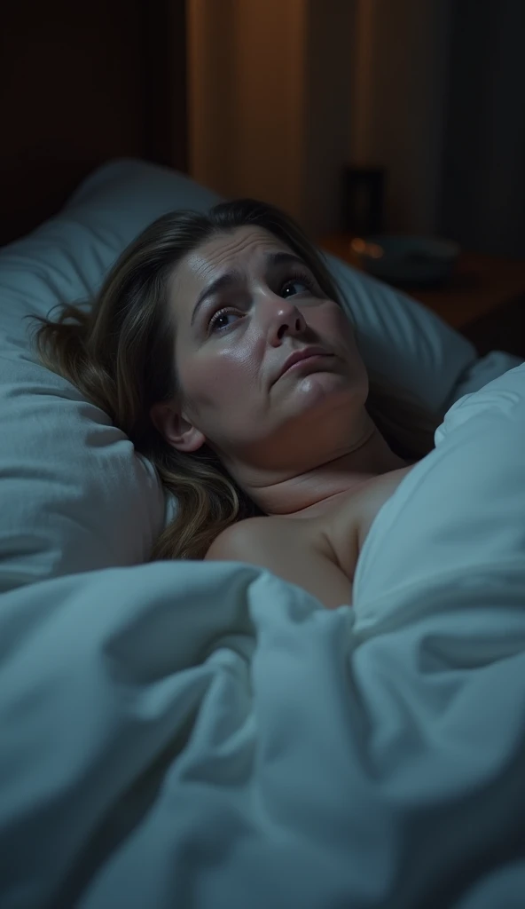 A 38-year-old slightly overweight woman lying in bed at night, covered up to her neck with a soft white sheet. Her face shows a mix of anxiety and sadness as she looks to the side, lost in thought. Her body is gently rounded, with natural curves visible be...