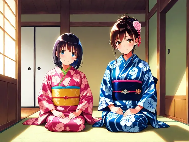 ( top quality)(Artistic) ryokan,  guestroom,  2girls, kimono,