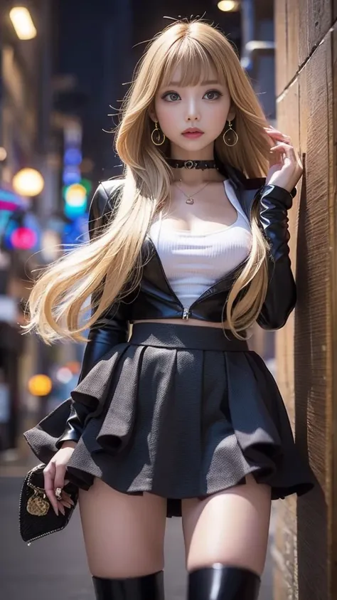 (( Viewpoint from directly below:1.2))、((layer skirt:1.2))、pull half zip leather jacket、(thigh-high:1.3 Heel Boots )、 straight medium hair、 blond hair、 Natural Wave 、Medium breast、 skinny body、Earrings、 standing leaning against a wall、 gaze to God、random w...