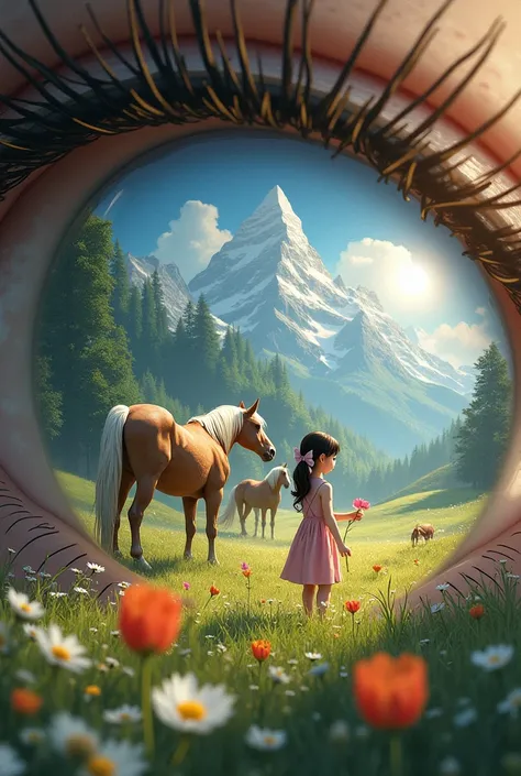 I want a picture of an eye that contains a group of attractive horses in a field surrounded by tall mountains and a girl picking flowers 