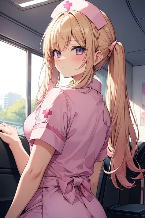  Masterpiece,  top quality,  in the seat,  every detail of your beautiful face , ((Pink Nurse)),  bend your back,  take off the blouse , Classify your hair,  wave hair,  twin tails,   blond hair,  Nurse&#39; uniform with partially open buttons, smile, ( sm...