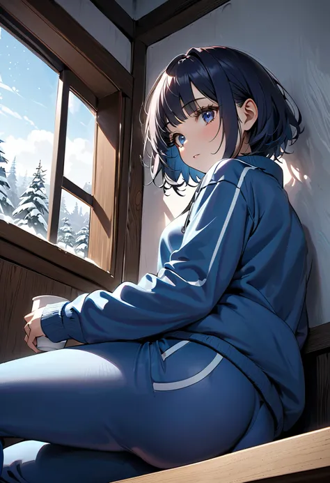 a woman sitting on a window sill and holding a cup of coffee, It's cold snow falling outside, in snowy Japan, girl on the window sill, (((There is a woman in front of a quiet window and looking out))), (short hair), (Blue sweatpants:1.3), (The jacket is a ...