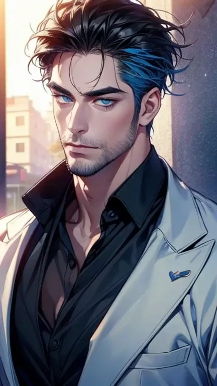 (   ,4K,8k,  highres,  masterpiece:1.2),  ultra-detailed,(realistic,photorealistic,photo-realistic:1.37),36-year-old man,3 day beard,cute anime ,Portraits,strong,Masculine,  dark hair,sharp jaw, HYPNOTIC SKY BLUE EYES ,  perfectly combed hair,  cool anime ...