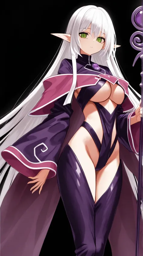 1 beautiful elf magician, solo,  in full height are standing next to each other,  revealing clothes, (white hair without narrow ends) ,  green eyes, purple clothes ,  holds a staff with a purple stone,  white background, 2d style , (( all black background ...