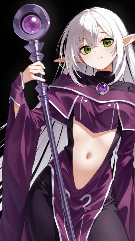 1 beautiful elf magician, solo,  in full height are standing next to each other,  revealing clothes, (white hair without narrow ends) ,  green eyes, purple clothes ,  holds a staff with a purple stone,  white background, 2d style , (( all black background ...