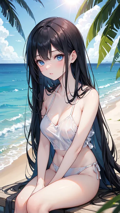  long black straight hair, swimsuit,  blue eyes， Holding a soda , Relaxation posture, sit, review, HEALTHY SKIN , Outdoor scenery, Blue sky, Bright natural lighting ,  and the sun shines in from the top left, Warm and soft atmosphere, Side Angle, Moderate ...