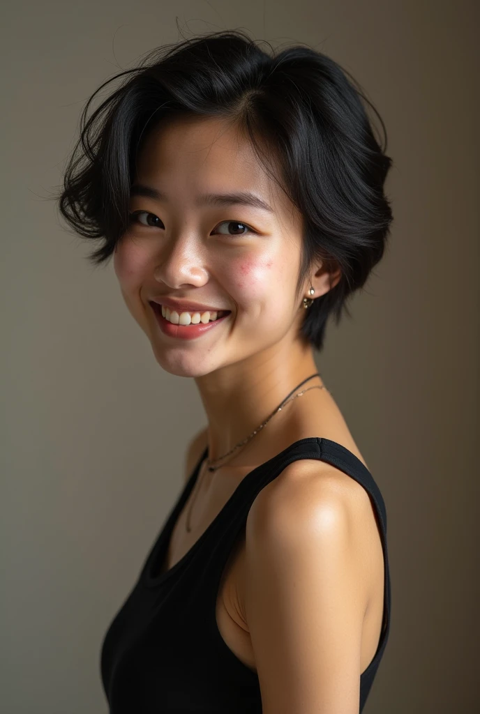 Masterpiece medium-wide shot portrait, Canon 5D Mark III, of an 18-year-old Asian girl with short hair, smiling, active, and looking directly at the camera. She has a good-looking oval face and warm beige skin.  Many acne blemishes are realistically depict...