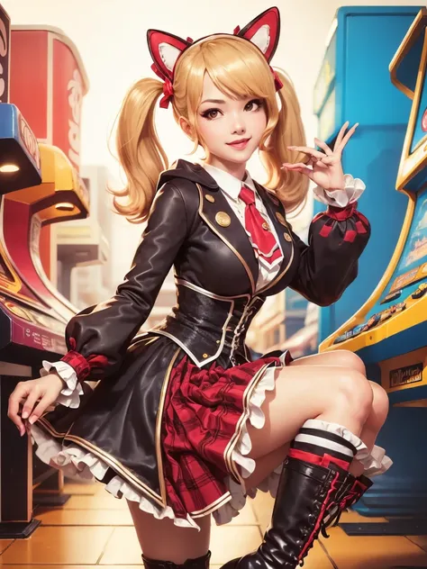 cinematic film still, brown eyes, hhigh heel boots, school uniform, blonde hair, 1girl, animal ears, looking at viewer, boots, twintails, cowboy shot,  looking at viewer, smile,   Retro Arcade Corner: A playful retro arcade corner features vintage arcade m...