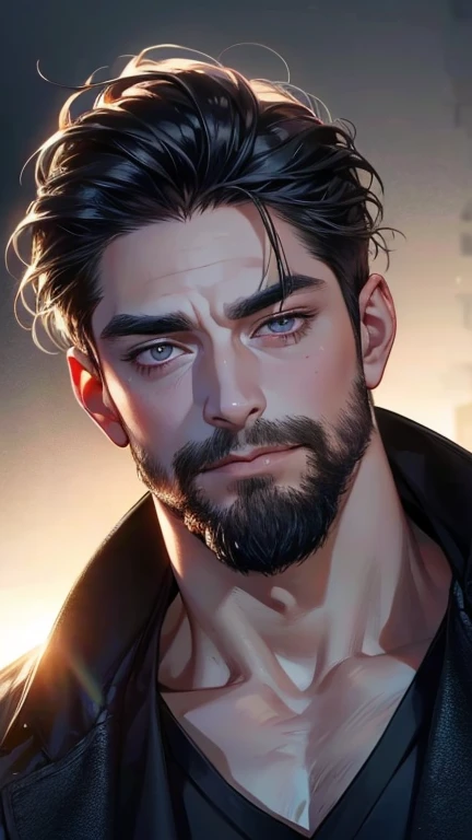 (       ,4K,8k,       highres,       masterpiece :1.2),       ultra-detailed    ,(realistic,photorealistic,photo-realistic:1.37),36-year-old man,3 day beard,Beautiful anime,Portraits,strong,Masculine,        with black hair  ,sharp jaw,             mesmeri...