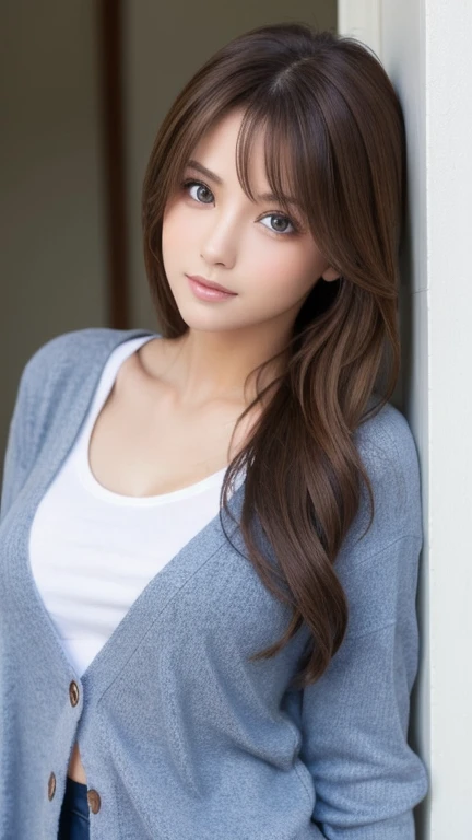 Beautiful woman posing like a model,  seductive eye gaze , side facing looks all over the body,  wearing a T-shirt combined with a cardigan, brown-haired , bluish eyes .