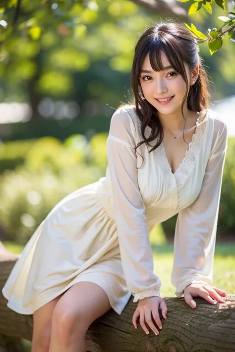  Realistic Photo Quality 、A 20 year old Japanese model、Japanese model sitting in a tree wearing a pastel orange dress, mini dress 、Cute Japanese Idol、 professional writing、!! beautiful!,  looking at the camera、Detailed and beautiful eyes、 cute smile、 soft ...