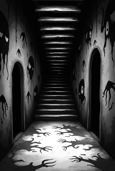 Empty room under the stairs But it's full of dark images and then it's a deep room, cartoon style, black and white.