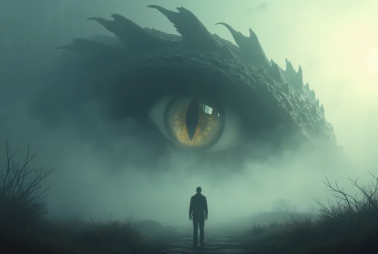 a gigantic eye of an ancient dragon that appears on the horizon. A tiny man standing .  The fog envelops both the man and the eye of the dragon . realistic reflections ,  soft light,  sunrays penetrating the fog .  Black and intertwined branches sprout fro...