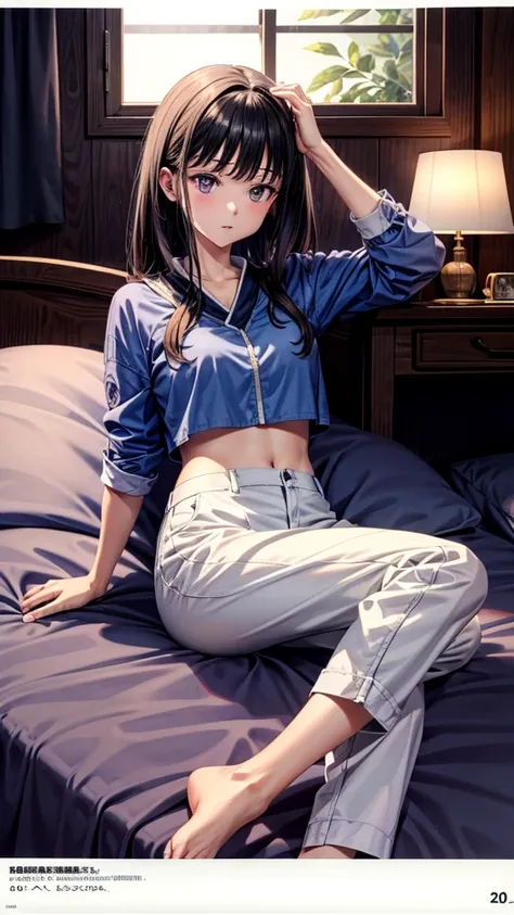  high resolution,  Ultra-sharp , 8K,  masterpiece, inoue takina,  looking at the spectator,  lying on a bed, Spreading my legs wearing white pants