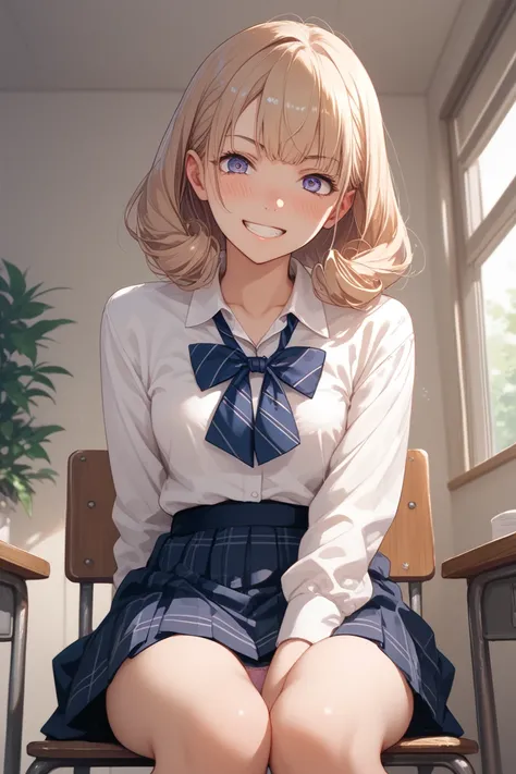 わきUnderを見せない，blush，Under，  no background ，   when I stare at it transparent ， Stare at Pe ，Sit on a chair，Front view， panties, skirt， no background， grin ，