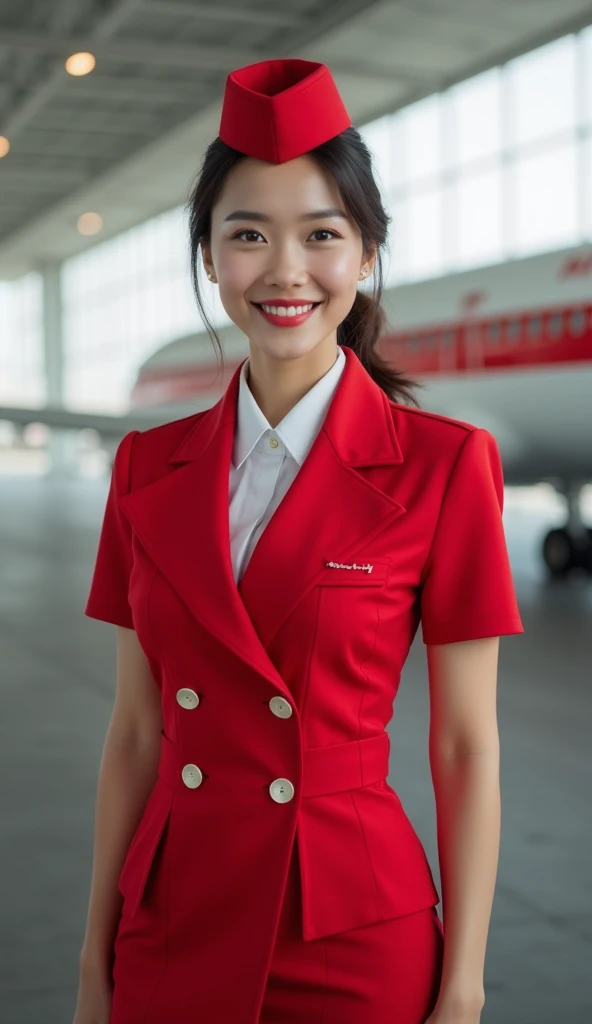   shot wearing red  ､8k､   TOP QUALITY､   stewardess､  full body portrait､smile　､  Big Breasts ､   Japanese､  airplane  ､  The   ､