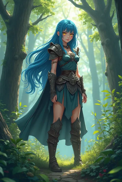 ( masterpiece,  top quality, super detailed,  full body) A Viking girl from anime,  anime style,  in the middle of a forest ,  blue hair,  golden eyes,  fair skin , traje viking.