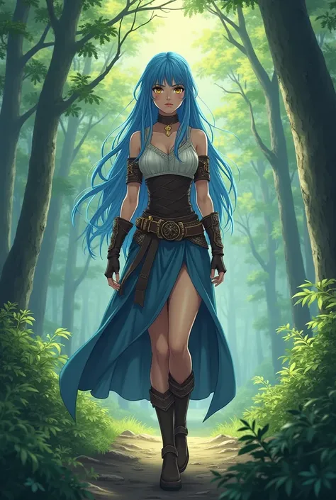 ( masterpiece,  top quality, super detailed,  full body) A Viking girl from anime,  anime style,  in the middle of a forest ,  blue hair,  golden eyes,  fair skin , traje viking.