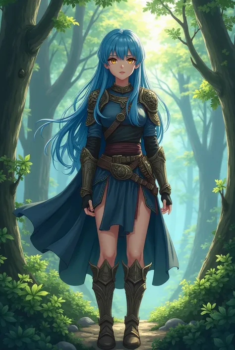 ( masterpiece,  top quality, super detailed,  full body) A Viking girl from anime,  anime style,  in the middle of a forest ,  blue hair,  golden eyes,  fair skin , traje viking.