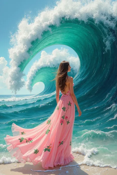 Do not have Perspective in the picture you will draw ,  5 spiral waves in the sea and the waves are spirally extremely twisted, In front of the wave there is a girl with her back walking from the sea to the shore.  The girl has an elegant long dress that s...