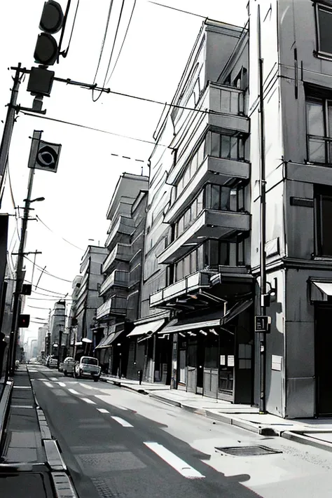 Line drawings, manga style, black and white, monochrome, clean lines, masterpieces, manga, cityscapes, architectural perspectives, main roads, wide roadways, buildings lined up along the roads, commercial facilities, office buildings, apartment buildings