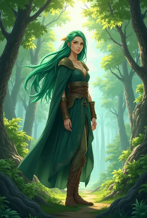 ( masterpiece,  top quality, super detailed,  full body) A Viking girl from anime,  anime style,  in the middle of a forest ,  green hair,  golden eyes,  fair skin , traje viking.