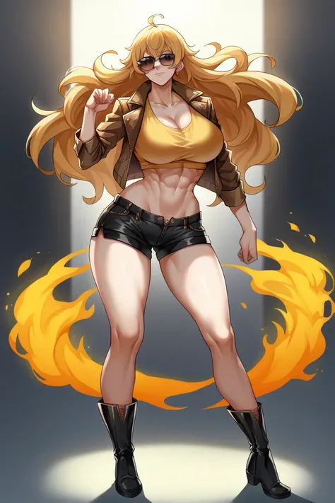 Yang Xiao Long (Rwby), beautiful, yellow crop top, exposed abs, fitness model body, (tall), small black boots,  leather shorts, shapely hips, wide hips, orange color aura, standing model pose, aviator sunglasses in hair, small leather jacket, big breast, (...