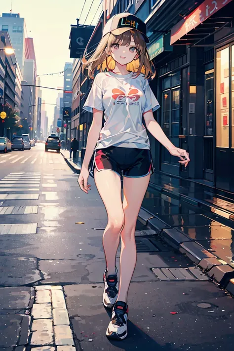 Kitamura Marin , ( in the seat),whole body, ( in ultra high quality),( stockings),  t-shirts,  Shorts ,  jogging shoes for walking on the street at night,  Look Down, Trucker Cap, smile,  Masterpiece, Impressive scene ,  beautiful背景,  Light Brown Hair Colo...