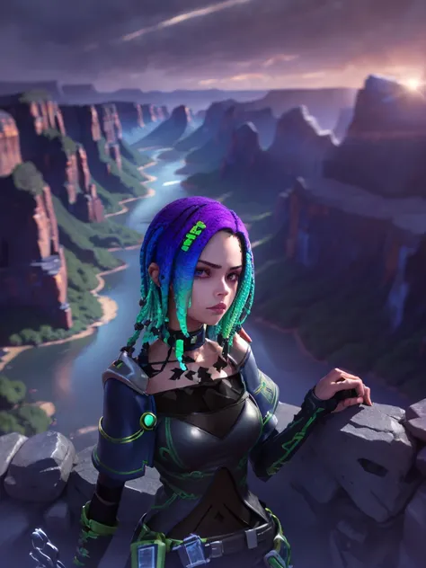 cinematic film still, 1girl, portrait, science fiction, tattoo, shorts, purple eyes, boots, purple hair, solo, closed mouth, green hair, (dreadlocks:1.3),  looking at viewer,   (Blyde River Canyon:1.5),  warm light,  daylght, dawn, sunlight, shallow depth ...