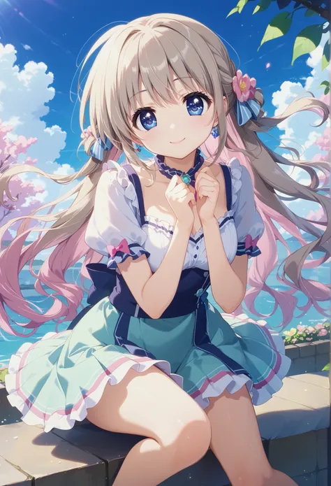  cute anime illustration、 1 girl、((Jump high in the sky 、 bend your knees、 cute anime girl in a short skirt looking out in a quiet garden ))、 detailed face、 detailed eyes 、 beautiful detailed lips 、 long eyelashes、 very detailed、 Masterpiece、 super detaile...