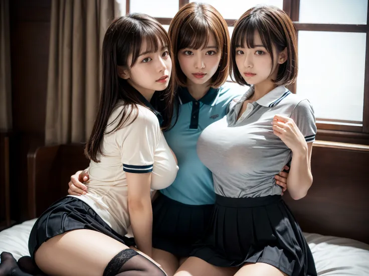 (RAW photo, 4k, masterpiece, high resolution, extremely complex) (realistic: 1.4), cinematic lighting
 ((2 girls)),Slam Dunk's,blushing,((innocent)),(Dark makeup),bright eyes,round eyes,blunt bangs,(straight hair:1.3),black hair,large breasts,wide hips,Sum...