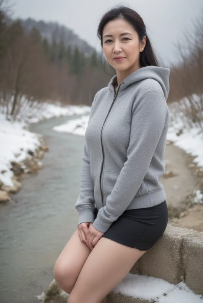 Tohoku aunt beside a snowy mountain stream、 Organic Photography 、  best quality 、  masterpiece 、  ultra high resolution 、  Beautiful old lady、 50 years old、 an elegant face 、 wearing a hoodie、skirt、  huge saggy breasts  、High Ponytail、 correct five fingers...